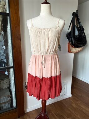 AUW Three-Tier Spaghetti-Strap Mini Dress in Beige, Pink & Red